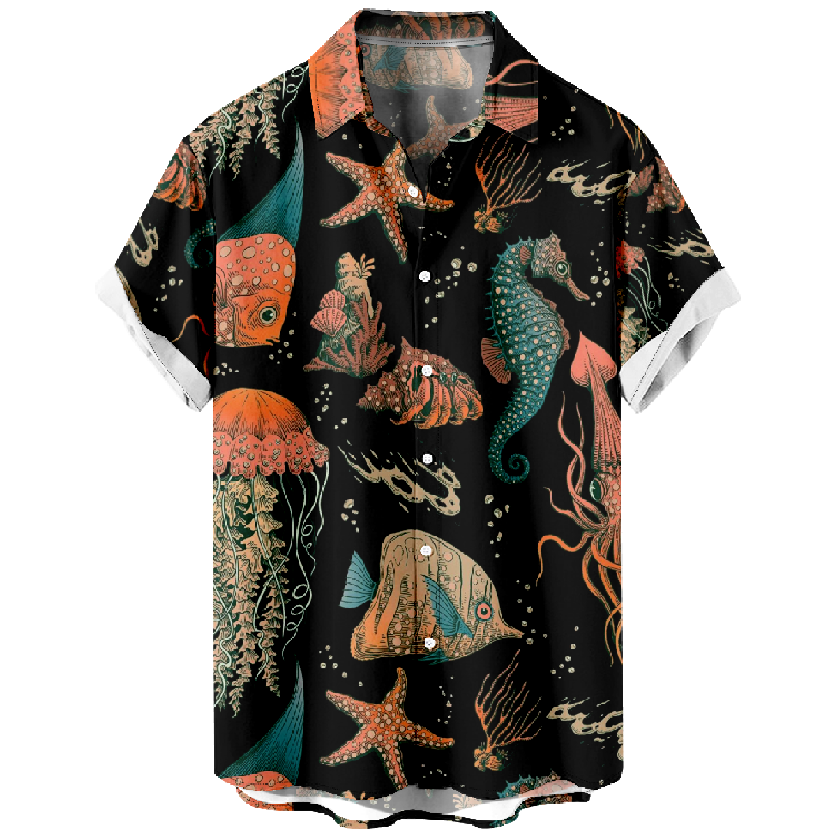 Men's Regular Fit Short Sleeve Shirt Fish Graphic Print Button Up Straight Collar