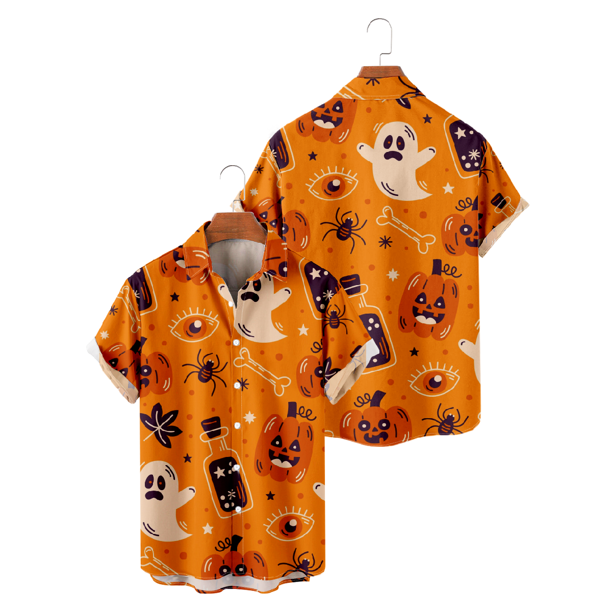 Halloween Hawaiian Shirt Men's Button Up Shirt Short Sleeve Orange Top