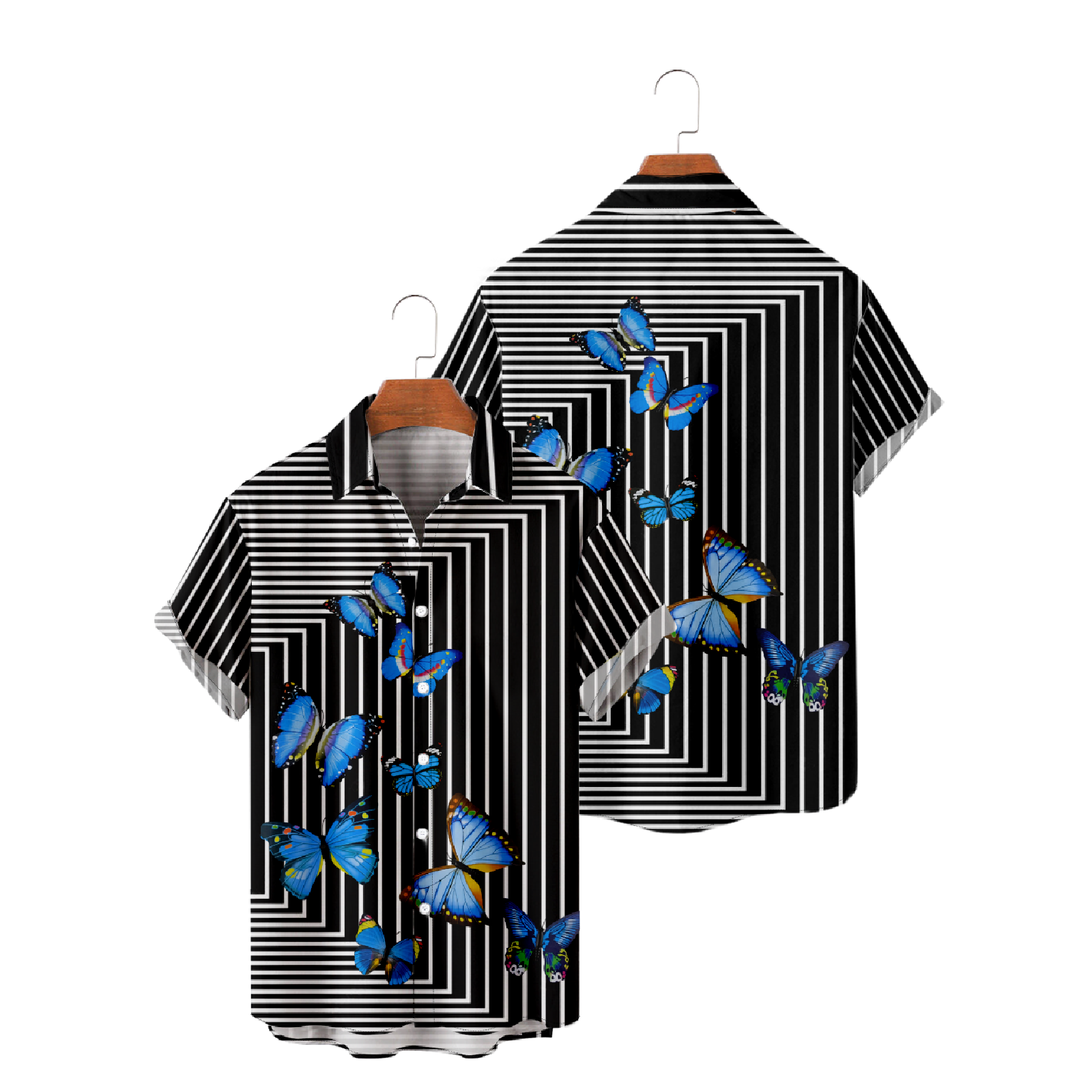 Butterfly Striped Button Up Shirt Men's Short Sleeve Shirt Black and White Striped Tops