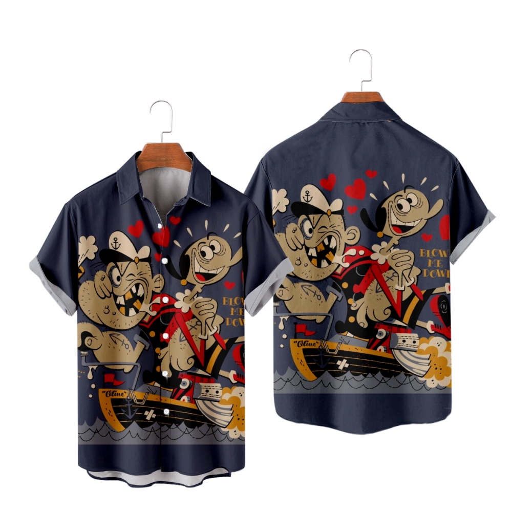 Blow Me Down Button Up Shirt Men's Short Sleeves Straight Collar Cartoon Shirt Regular Fit