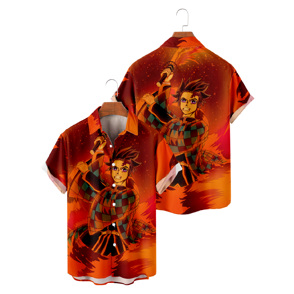 Demon Slayer and Fire Graphic Print Button Up Shirt Mens Short Sleeve Shirt Regular Fit Pop Shirt