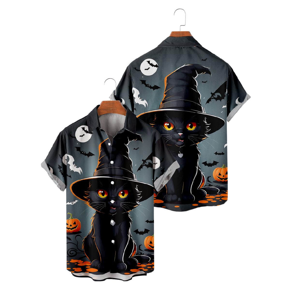 Black Cat Witch Hawaiian Shirt Short Sleeve Button Up Shirt Mens Halloween Shirt
