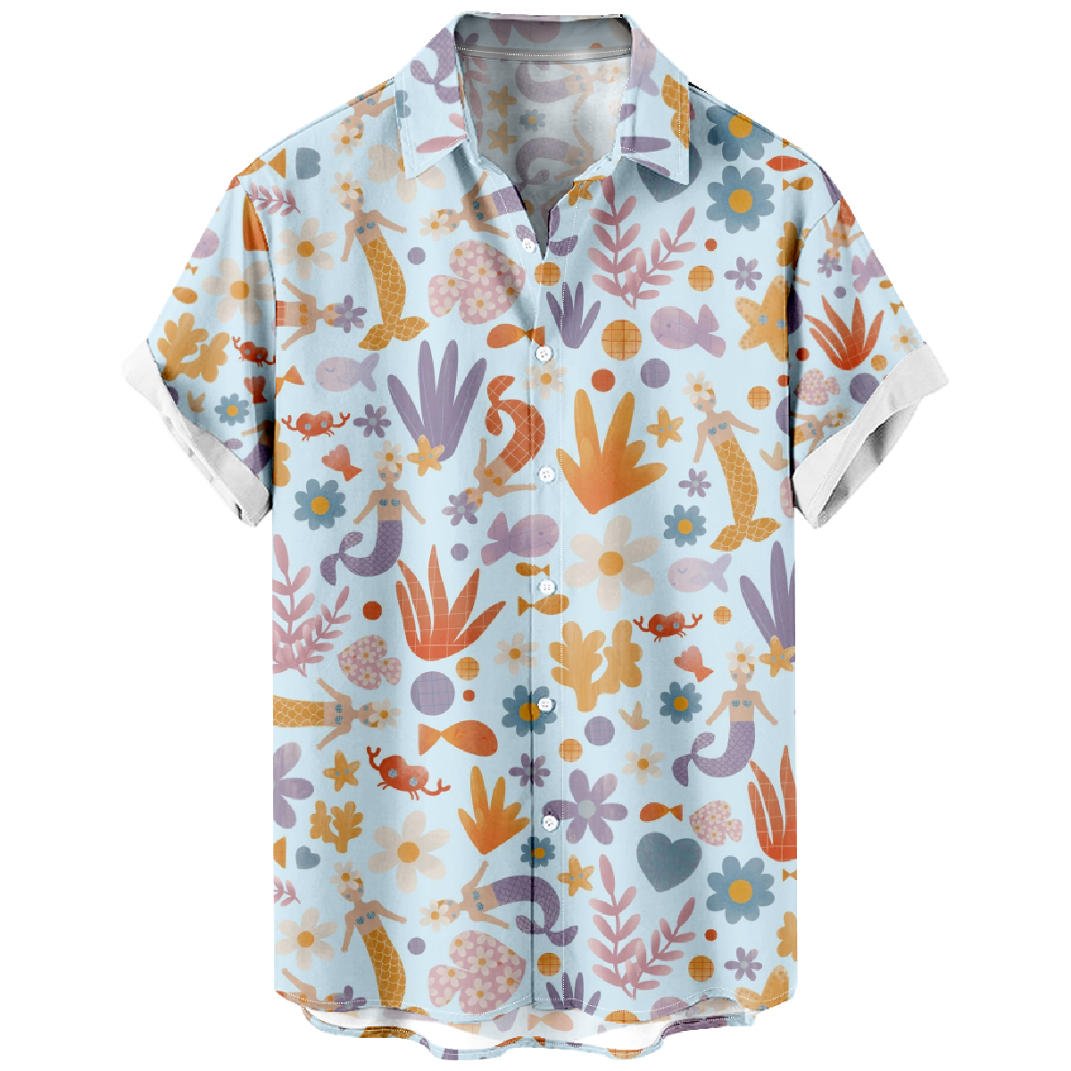 Mermaid Short Sleeve Shirt Men's Allover Print Shirt Button Tops Summer Shirt