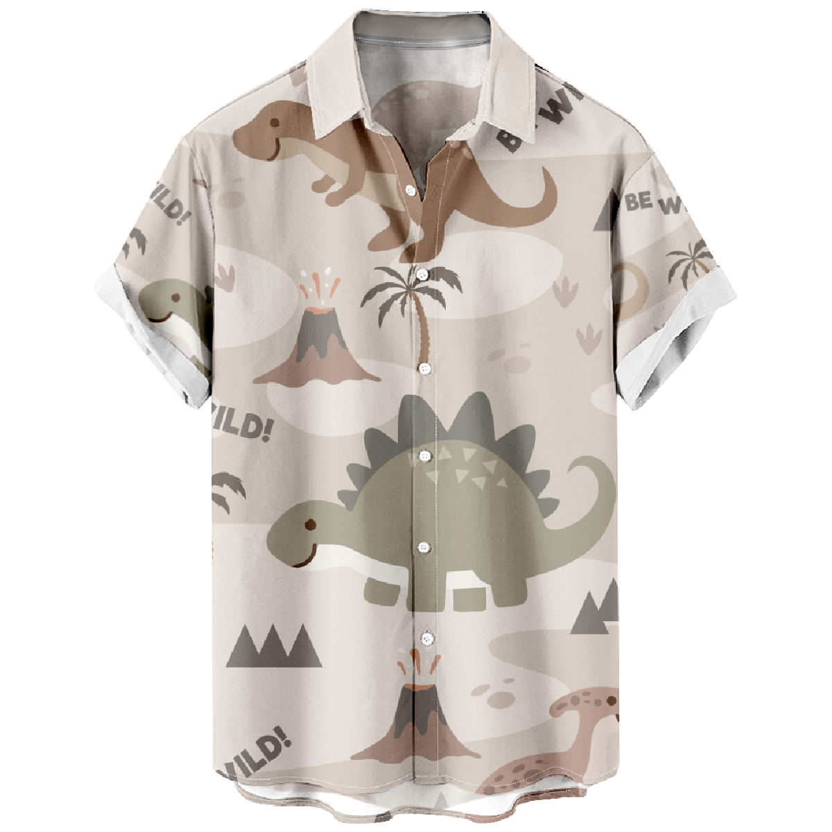 Mens Khaki Dinosaur Shirt Short Sleeve Button Shirt Hawaiian Shirt