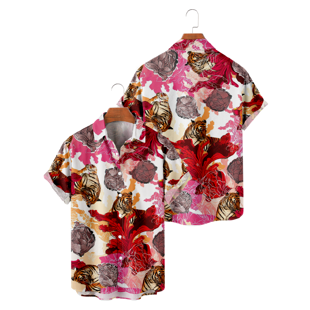 Tiger and Flower Graphic Print Button Up Shirt Men's Short Sleeve Shirt Casual Shirt