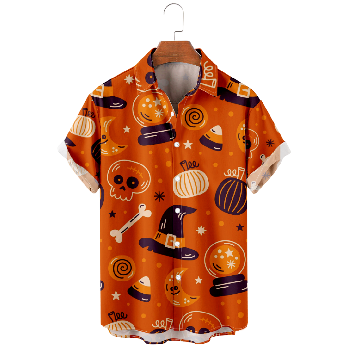 Halloween Hawaiian Shirt Men's Button Up Shirt Short Sleeve Orange Top