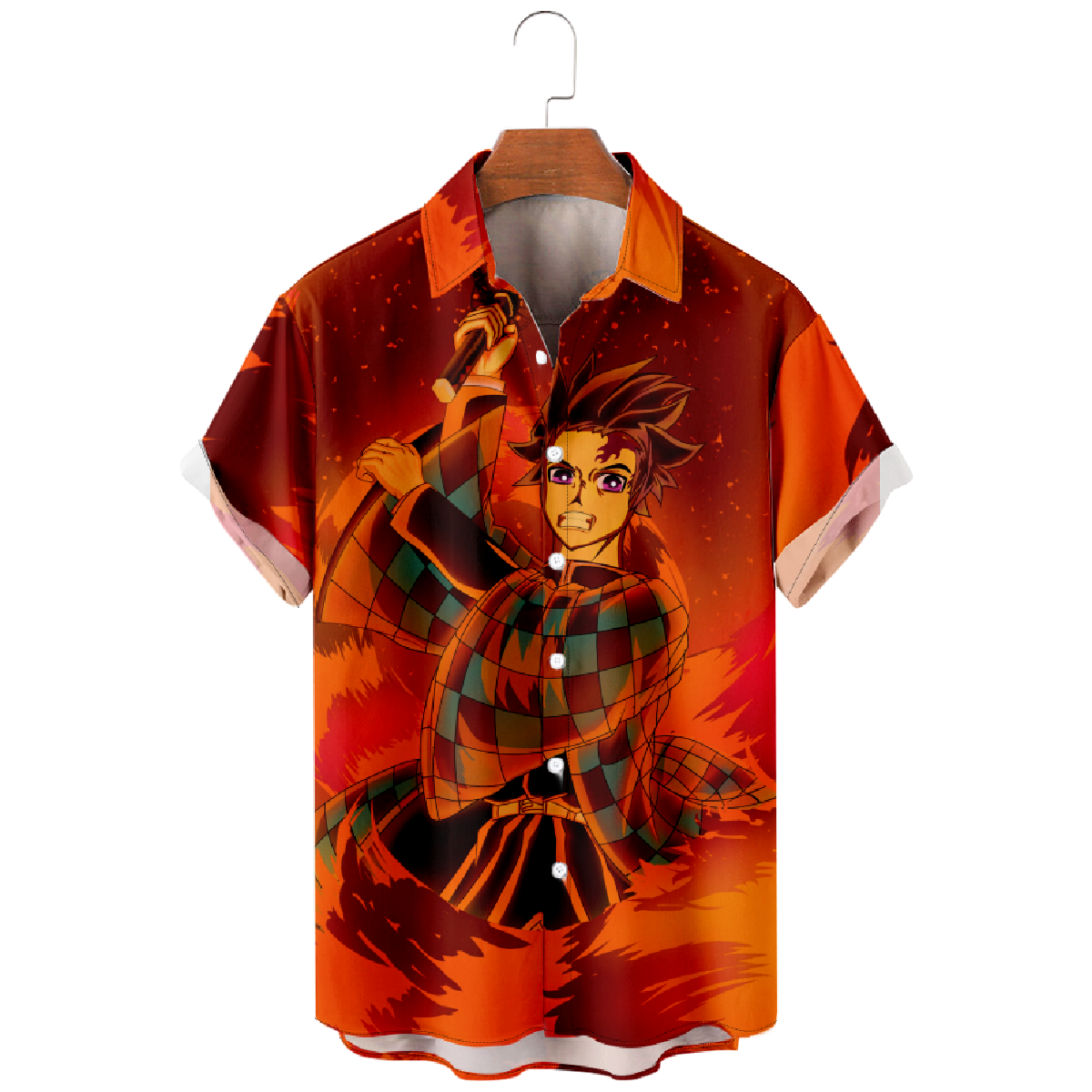 Demon Slayer and Fire Graphic Print Button Up Shirt Mens Short Sleeve Shirt Regular Fit Pop Shirt