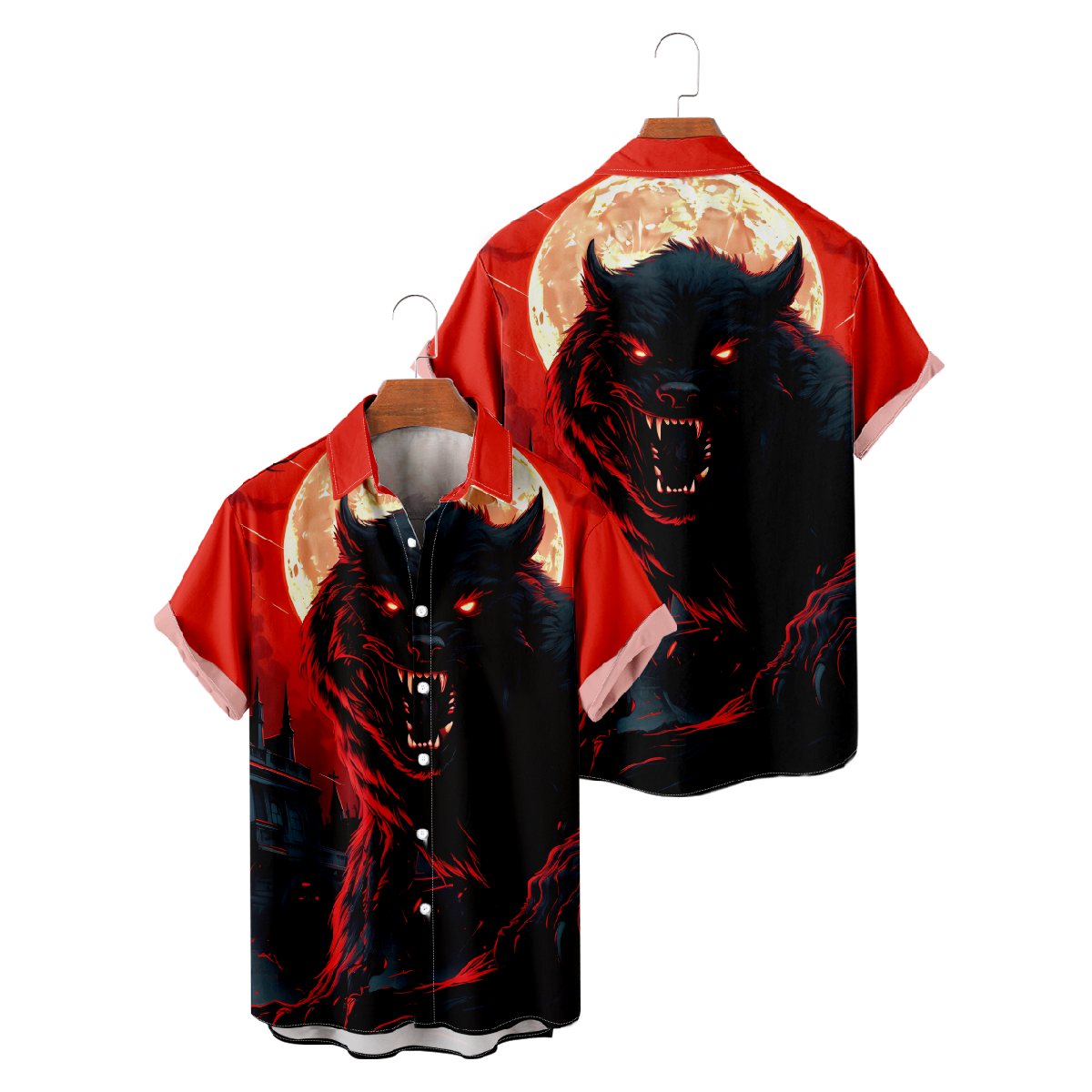 Wolf and Moon Print Button Up Shirt for Men Short Sleeve Shirt Regular Fit