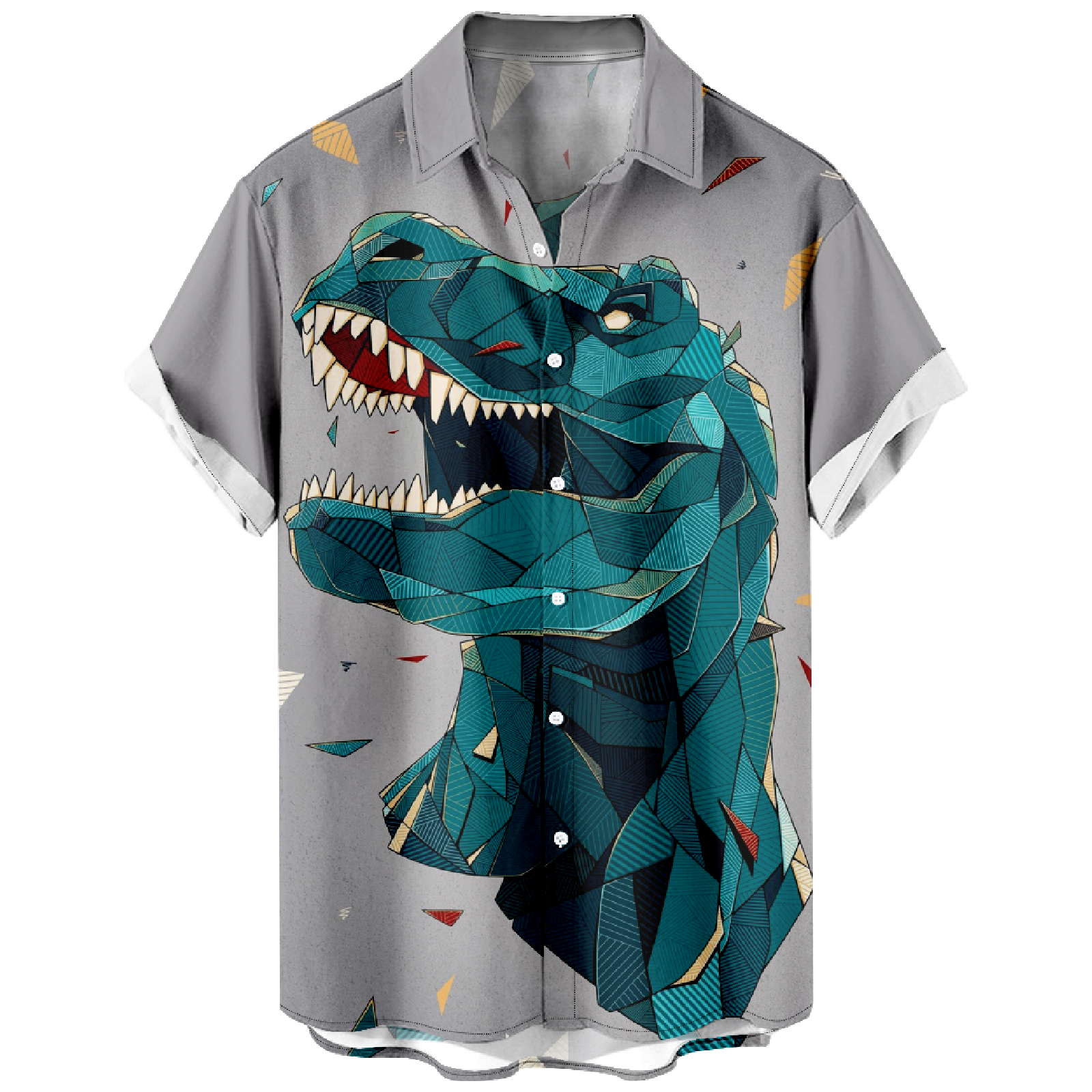 Men's Dinosaur Short Sleeve Shirt Print Button Up Shirt Casual Grey Tops
