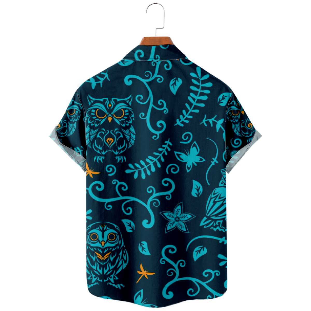Owl and Flower Print Hawaiian Shirt Men's Short Sleeve Shirt Straight Collar Regular Fit