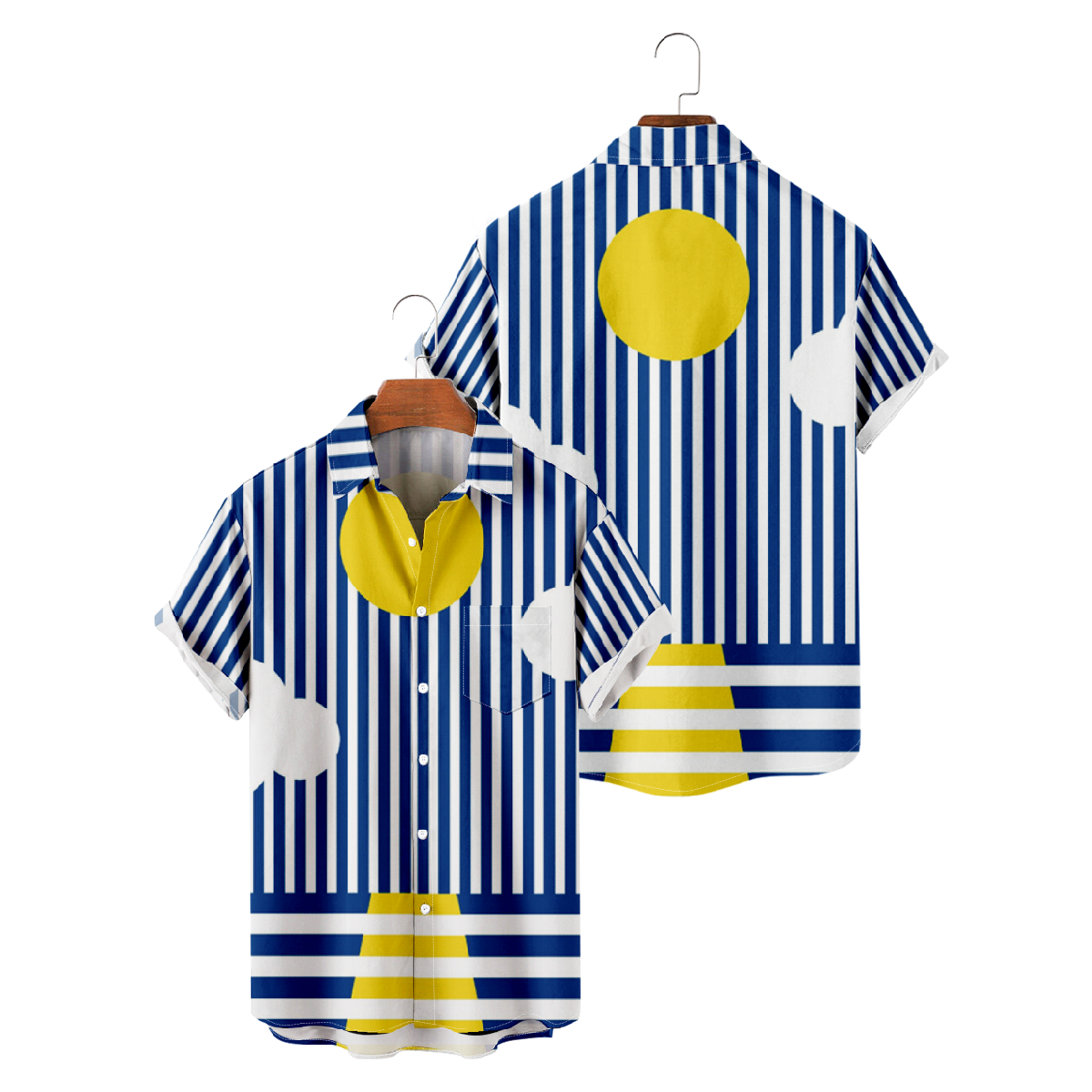 Men's Striped Short Sleeve Shirt Sun and Sea Graphic Print Button Shirt Summer Tops