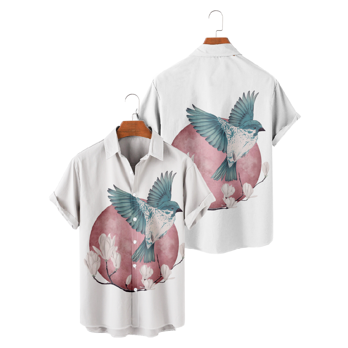 Men's Bird and Moon Print Short Sleeve Shirt Summer Button Tops