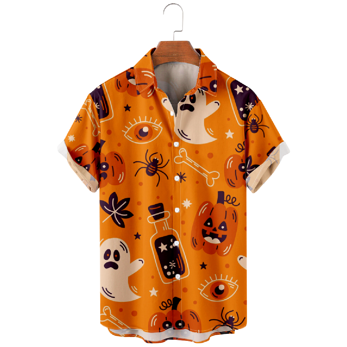 Halloween Hawaiian Shirt Men's Button Up Shirt Short Sleeve Orange Top