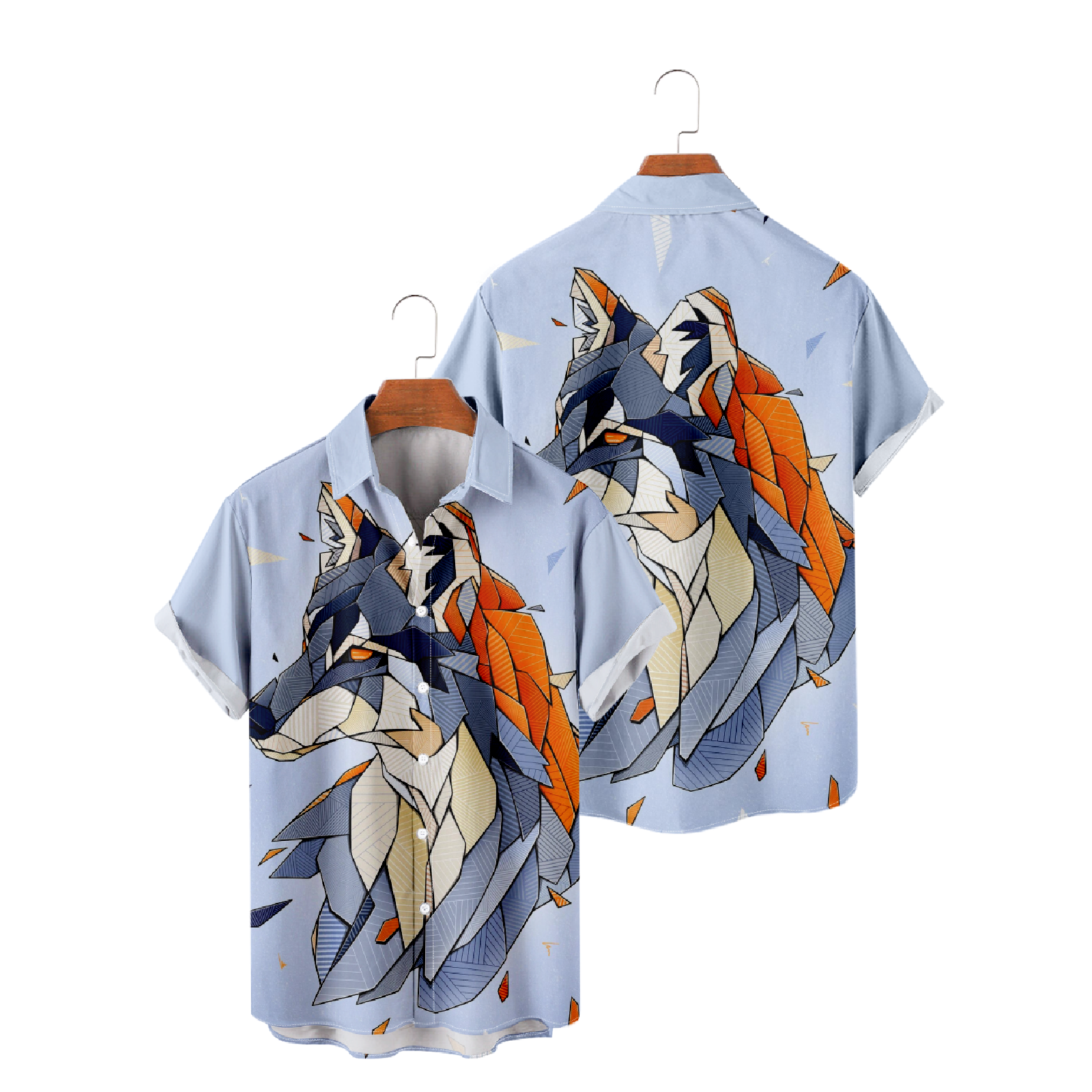 Wolf Print Short Sleeve Shirt Men's Button Up Shirt Summer Tops Straight Collar