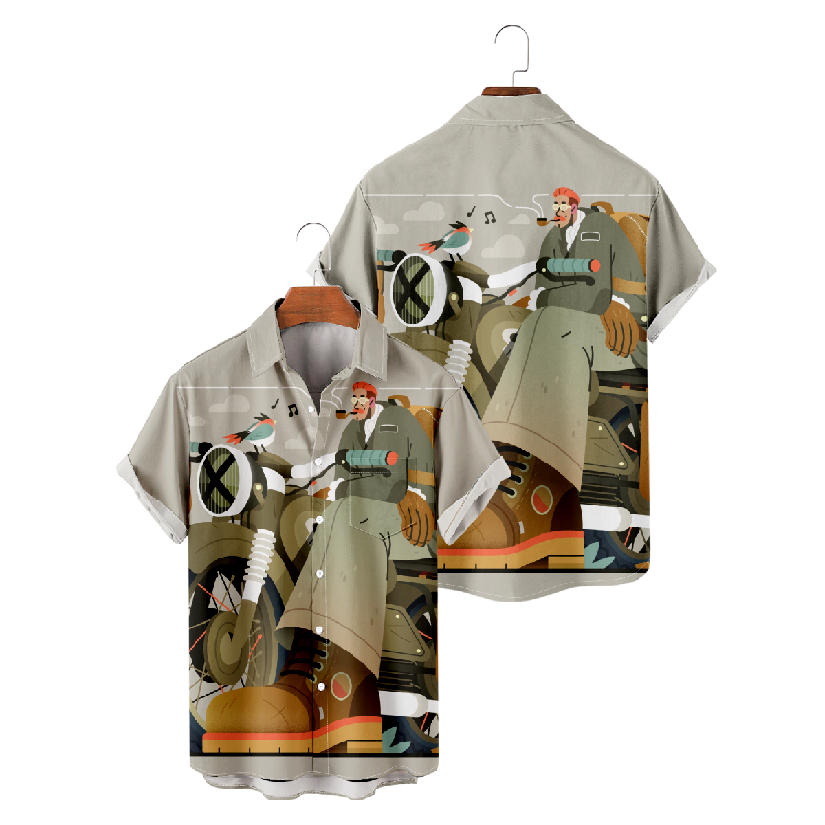 Motorcycle Men Button Shirt Short Sleeve Allover Print Tops Summer Casual Shirt