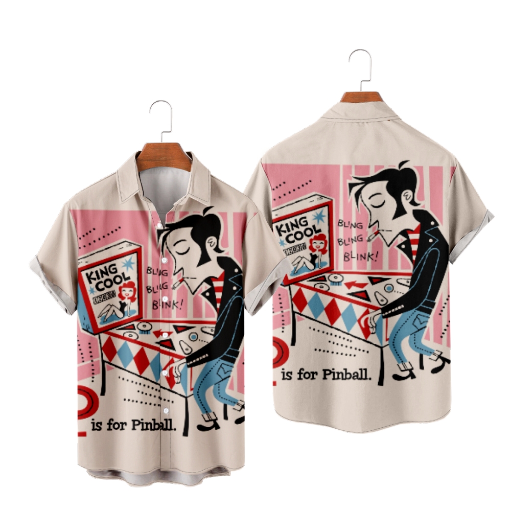 Men's Pinball Short Sleeves Shirt Button Up Casual Tops