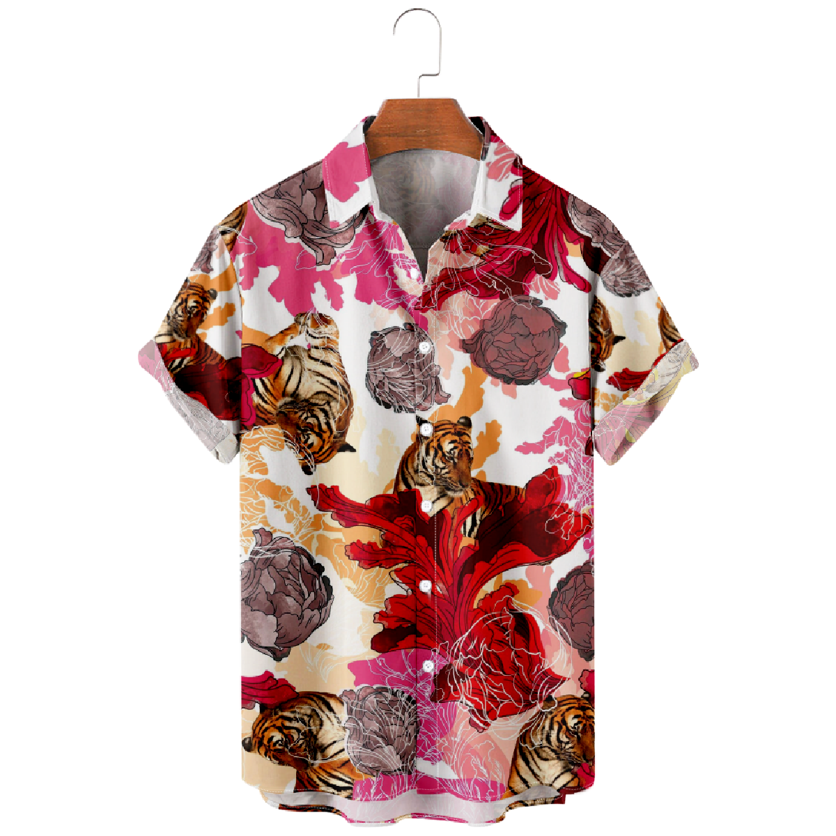 Tiger and Flower Graphic Print Button Up Shirt Men's Short Sleeve Shirt Casual Shirt