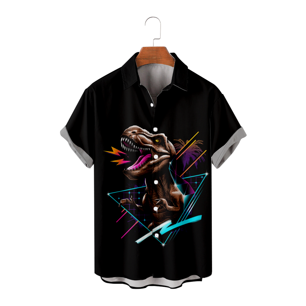 Dinosaur Button Up Shirt Summer Shirt Men's Short Sleeves Straight Collar