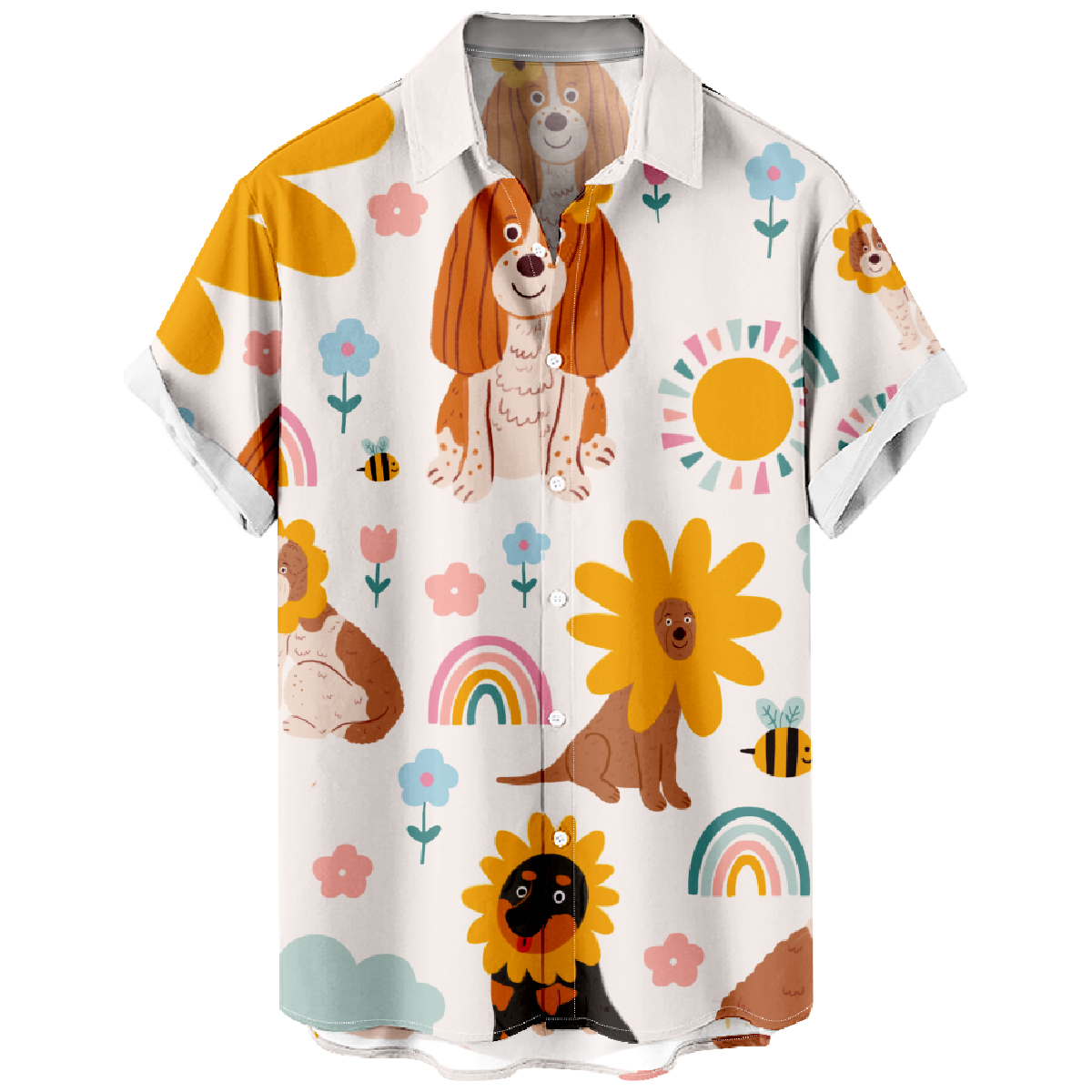Dog Sunflower Print Button Up Shirt Men's Short Sleeve Shirt Hawaiian Shirt