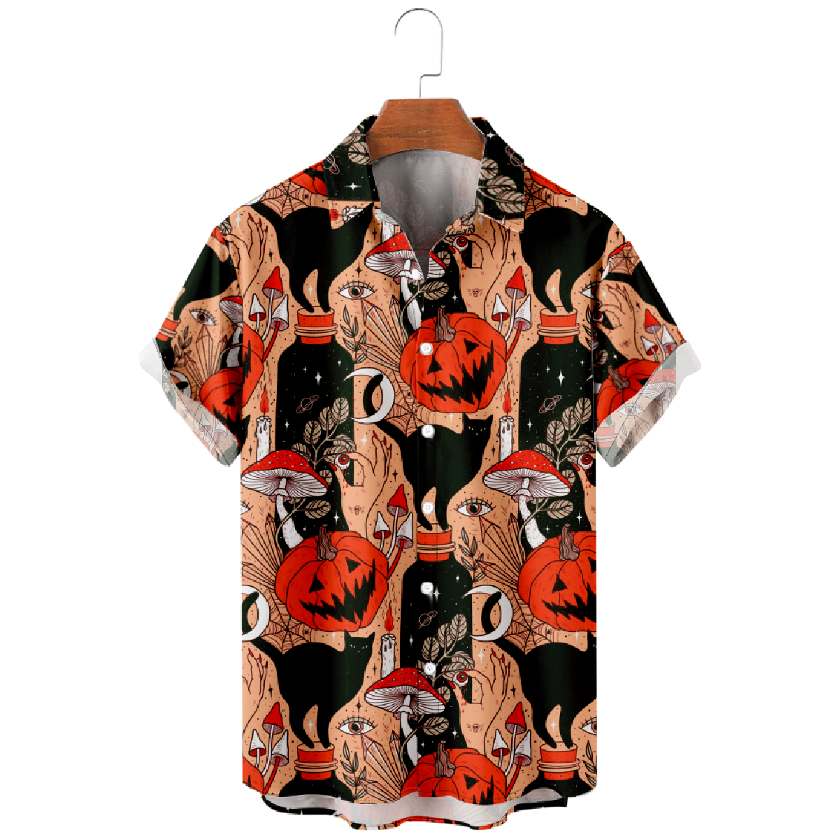 Halloween Pumpkin Print Mens Shirt Button Up Shirt Short Sleeve Regular Fit