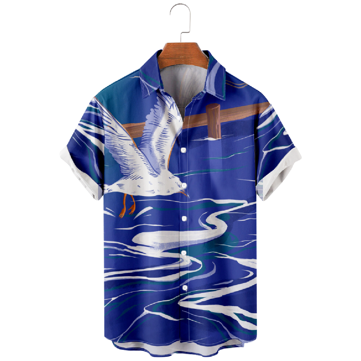 Seagull and Wave Hawaiian Button Up Shirt Fashion Mens' Shirt Short Sleeve Regular Fit