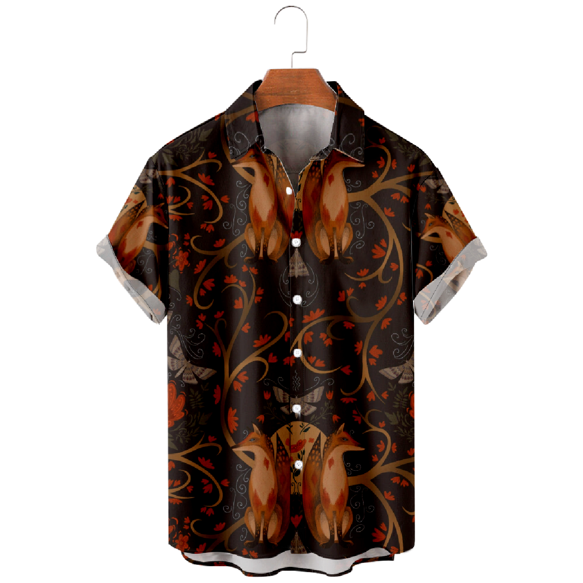 Cute Fox Print Button Up Shirt Mens Short Sleeve Shirt Regular Fit Straight Collar