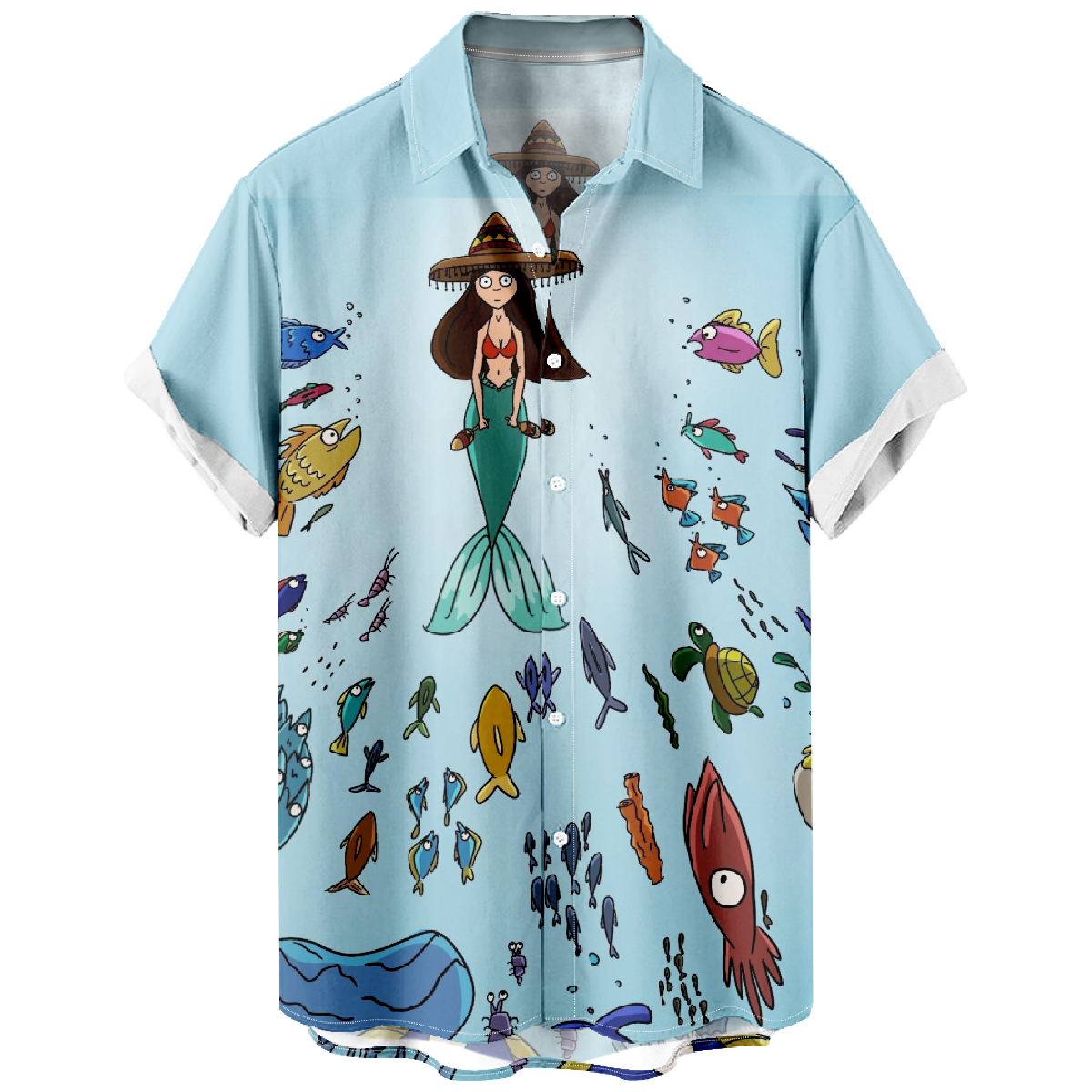 Mermaid Print Short Sleeve Shirt Men's Straight Collar Button Shirt Summer Tops