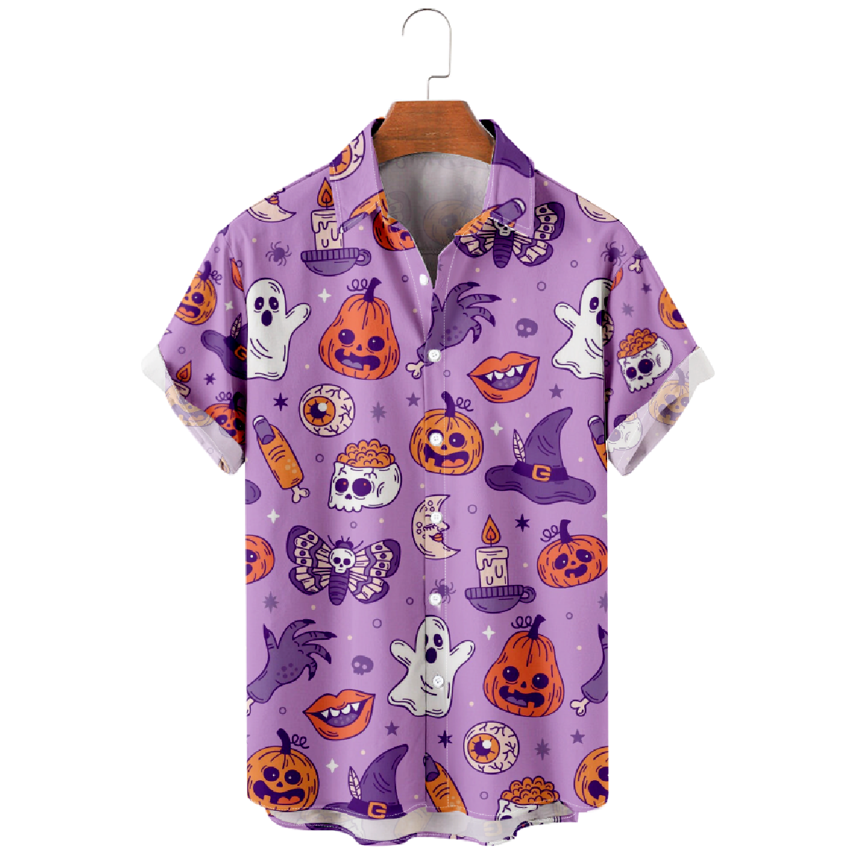 Men's Halloween Hawaiian Shirt Button Up Shirt Short Sleeve Purple Top