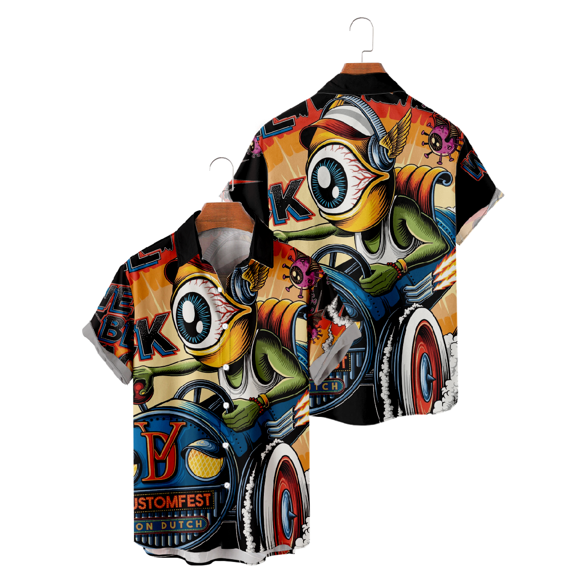 Hot Rods Monster Eyes Print Button Up Shirt Men's Short Sleeve Summer Shirt