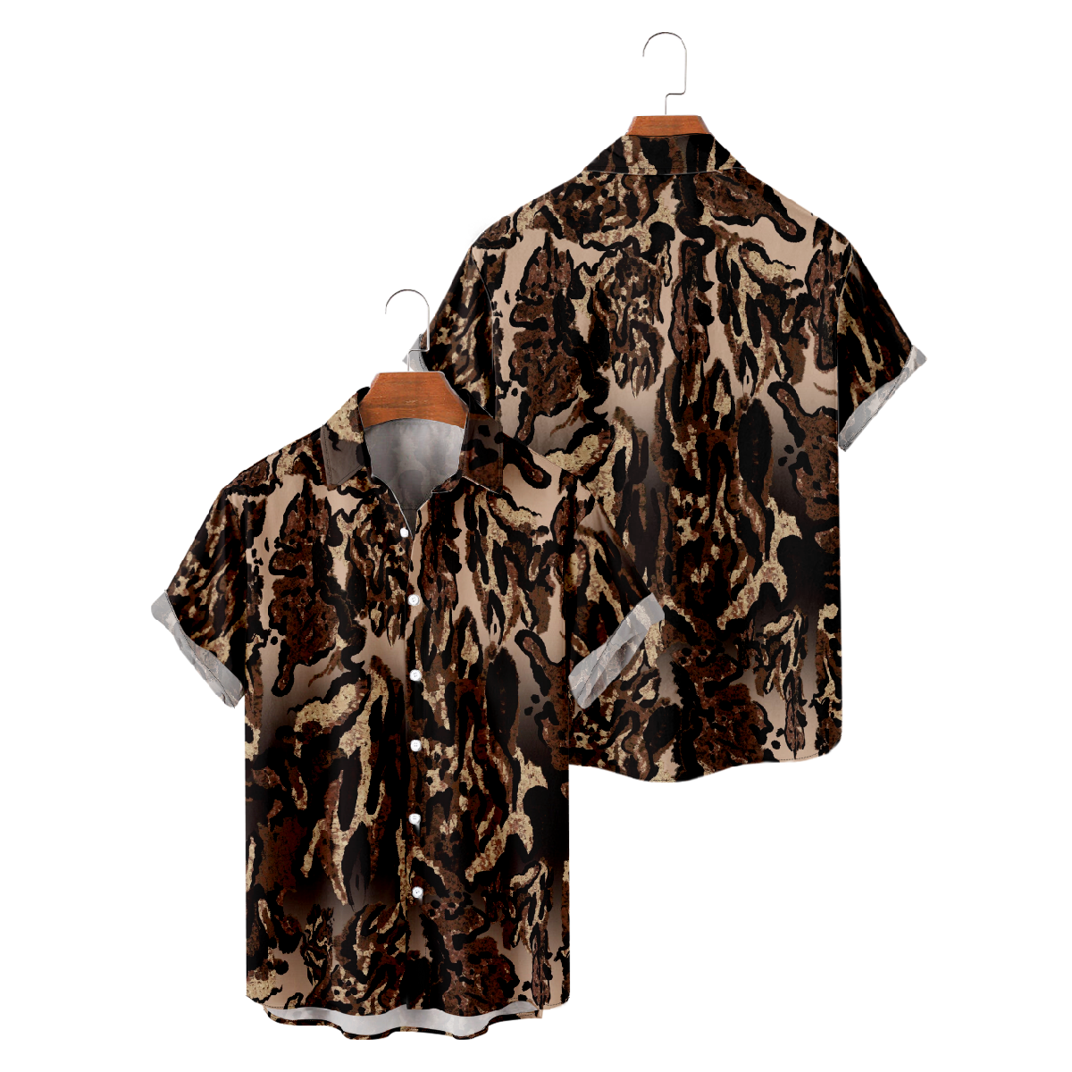 Brown Pattern Button Up Shirt for Men Short Sleeve Shirt Casual Shirt