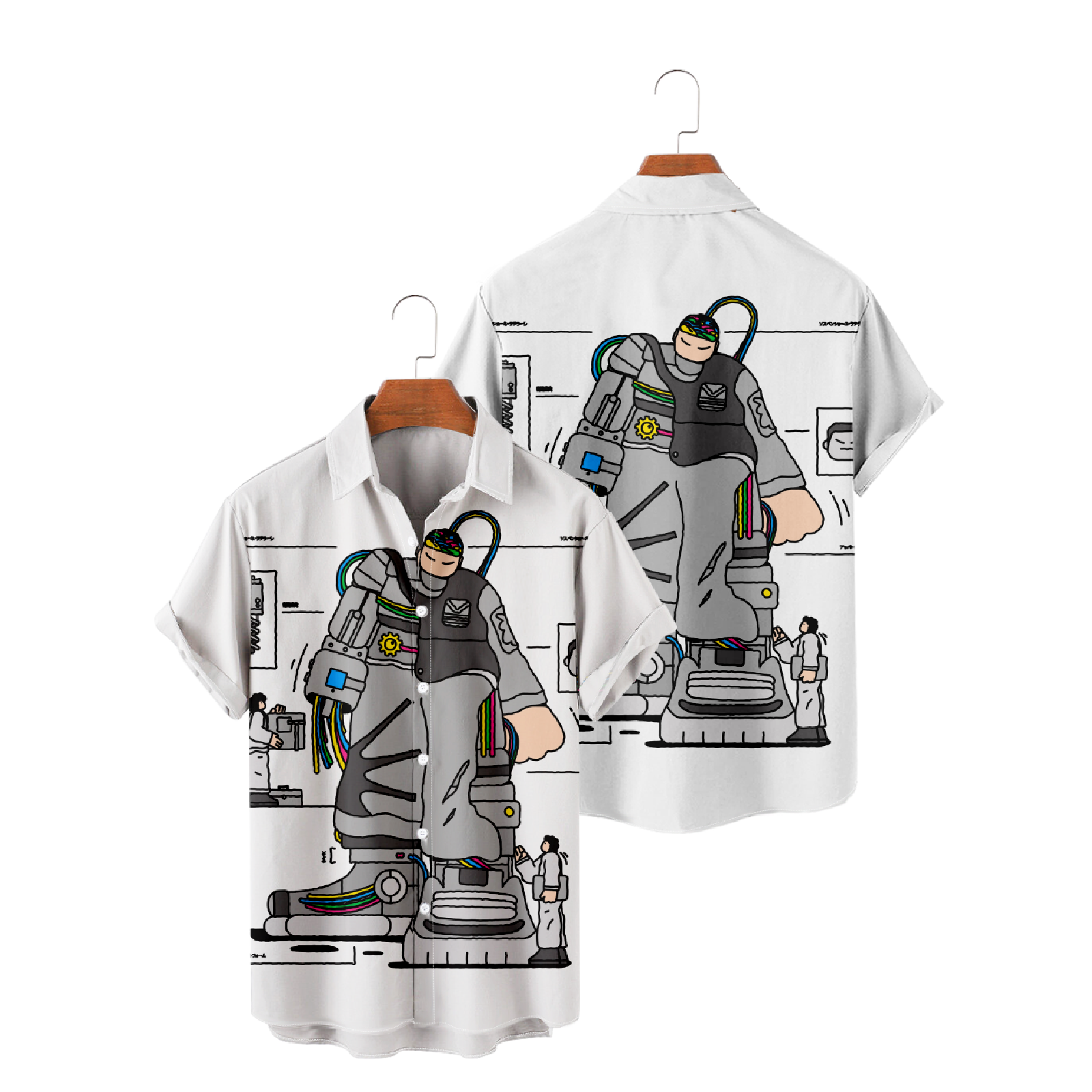 Allover Print Illustration Short Sleeve Shirt Men's Character Print Button Up Hawaiian Shirt