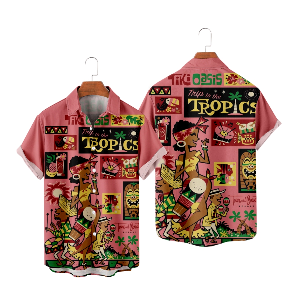 Tiki Button Up Shirt Men's Short Sleeves Resort Shirt Straight Collar Regular Fit