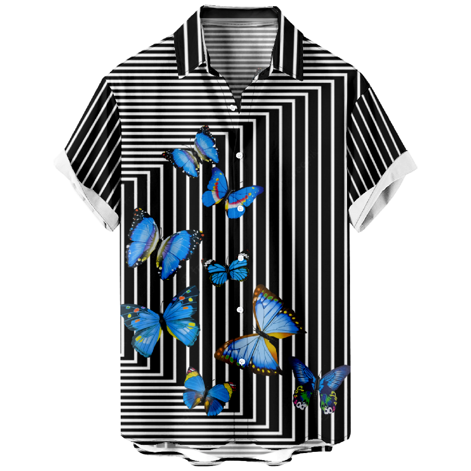 Butterfly Striped Button Up Shirt Men's Short Sleeve Shirt Black and White Striped Tops