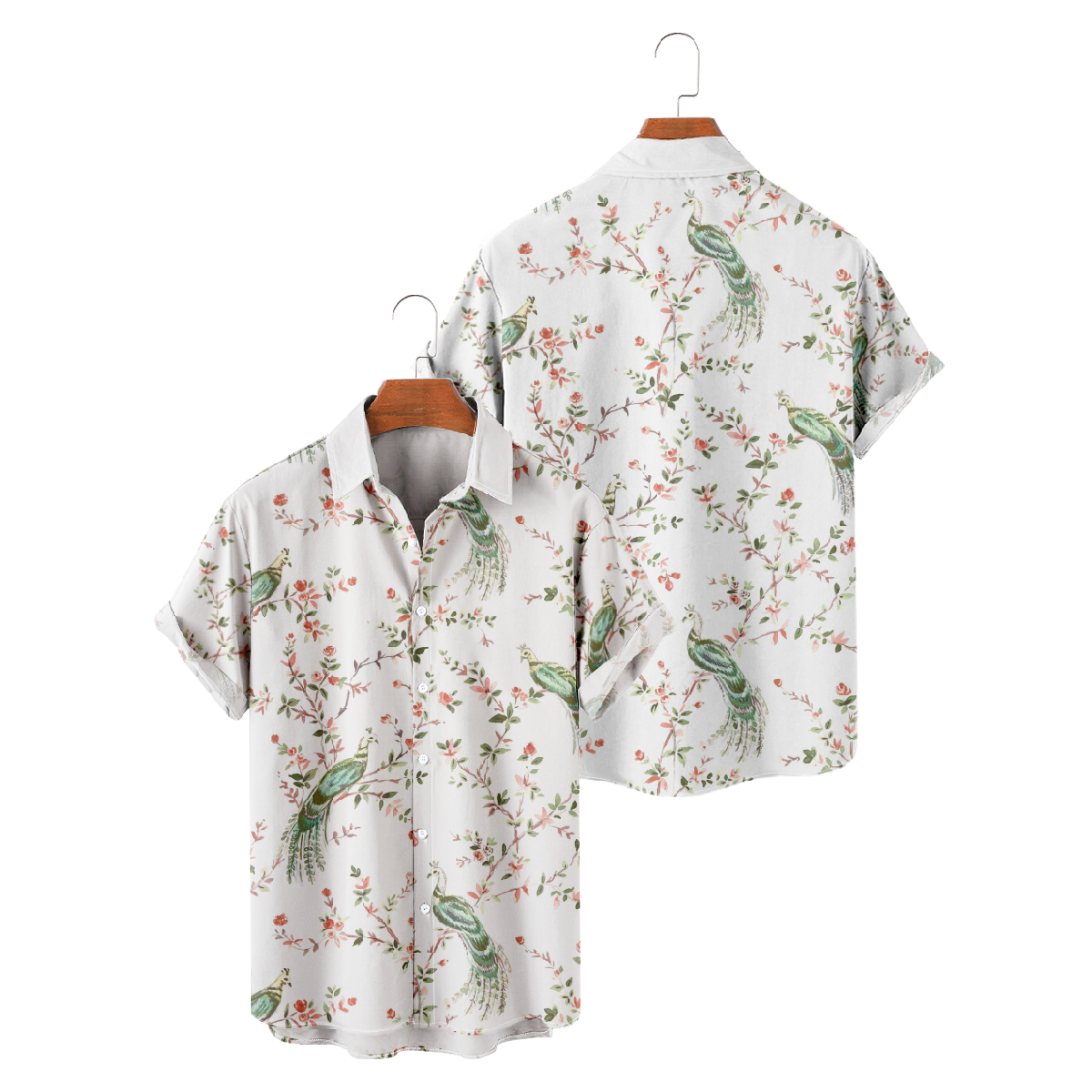 Men's Floral Peacock Print Short Sleeve Shirt Summer Button Tops