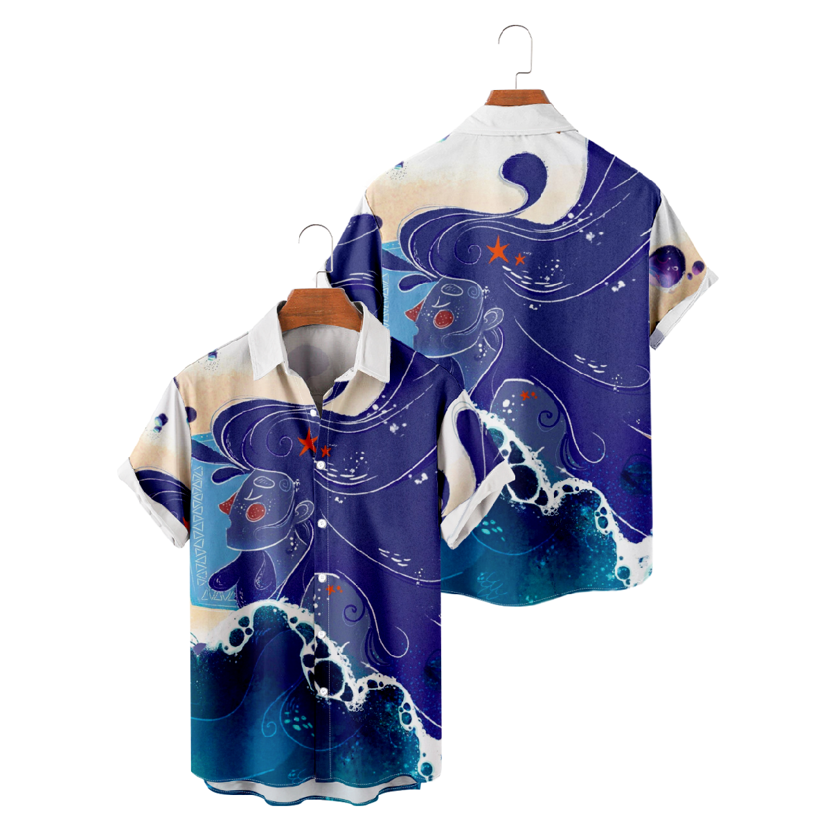 Mermaid Ocean Waves Print Short Sleeve Shirt Men's Straight Collar Button Shirt Summer Tops