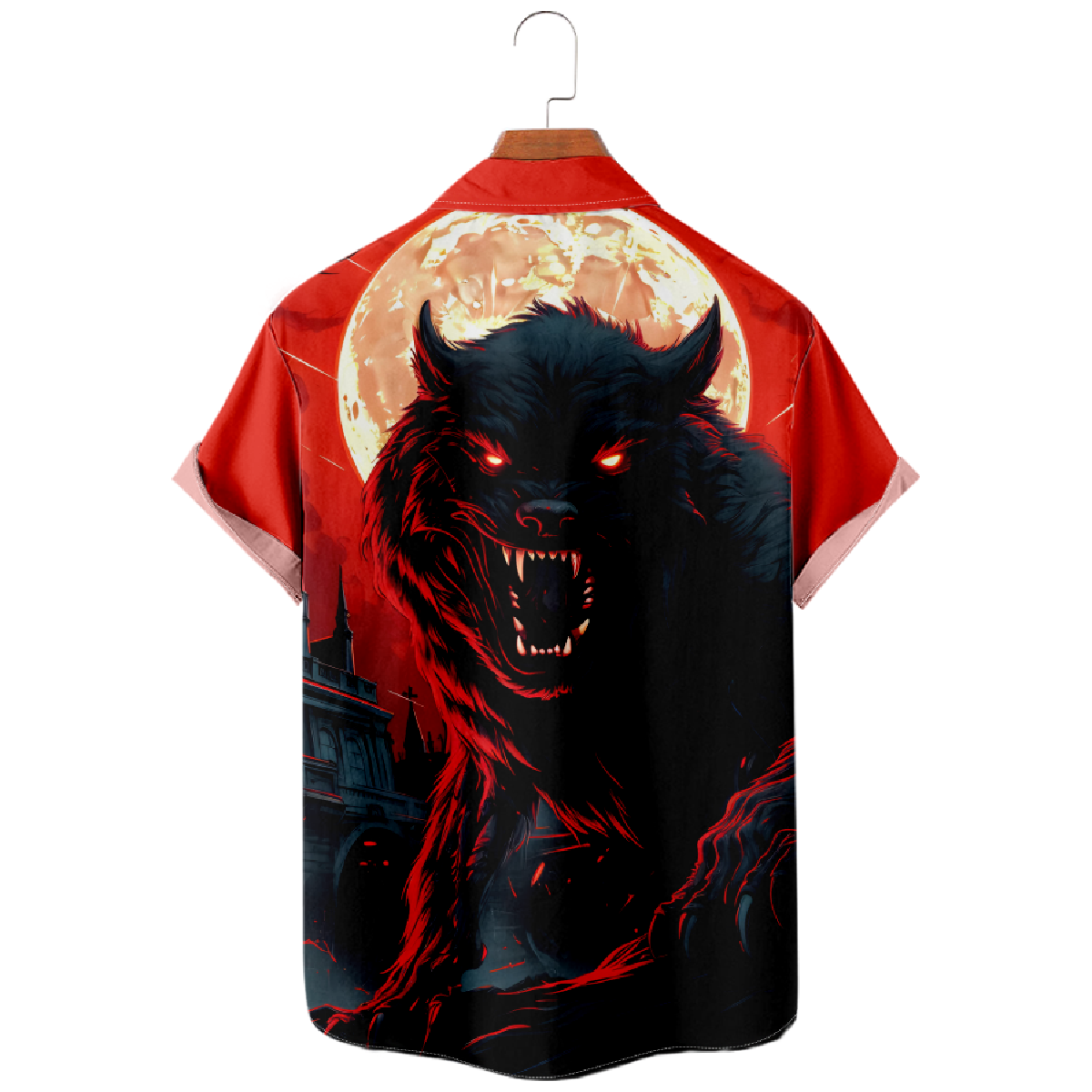 Wolf and Moon Print Button Up Shirt for Men Short Sleeve Shirt Regular Fit