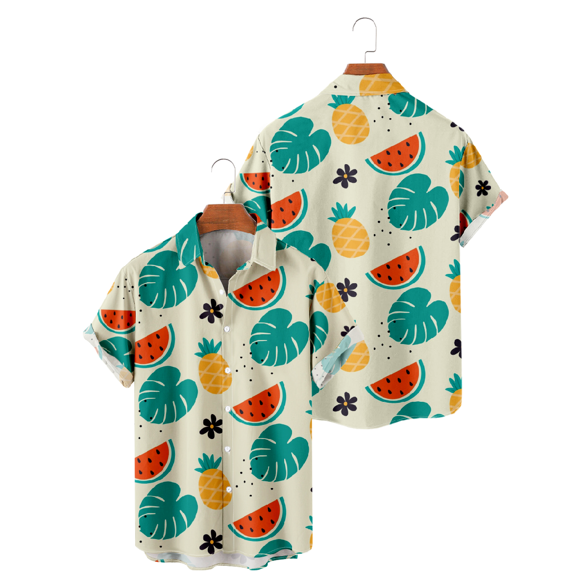 Men's Pineapple Print Hawaiian Shirt Short Sleeve Button Up Straight Collar Summer Shirt