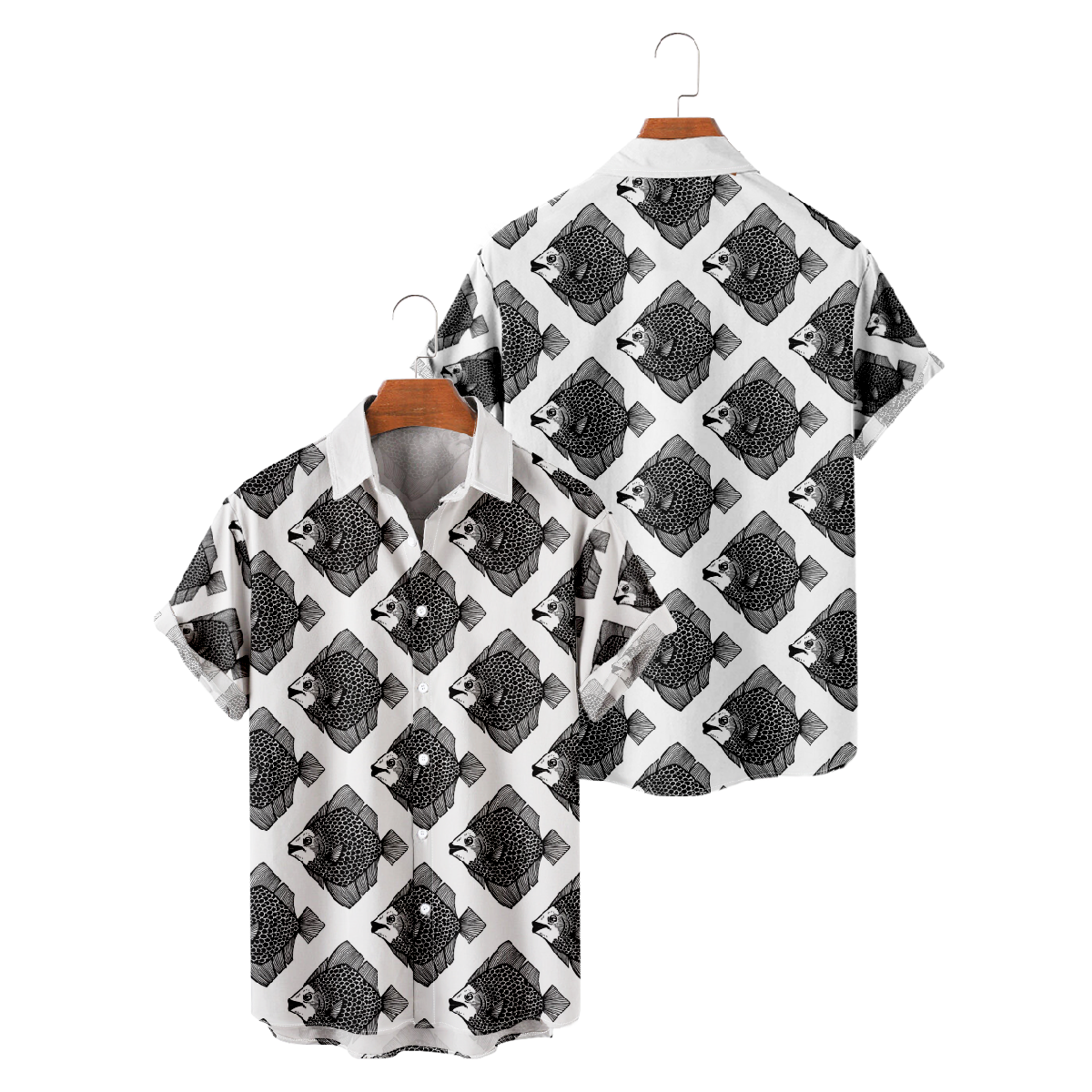 Men's Short-Sleeve Fish Pattern Print Hawaiian Shirt Casual Regular Fit Shirt