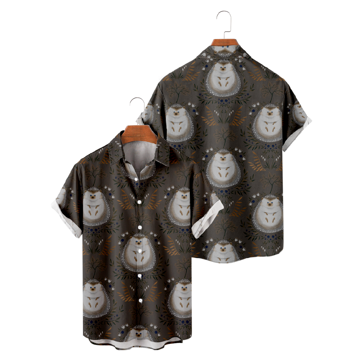 Cute Hedgehog Print Button Up Shirt Mens Short Sleeve Shirt Regular Fit Straight Collar