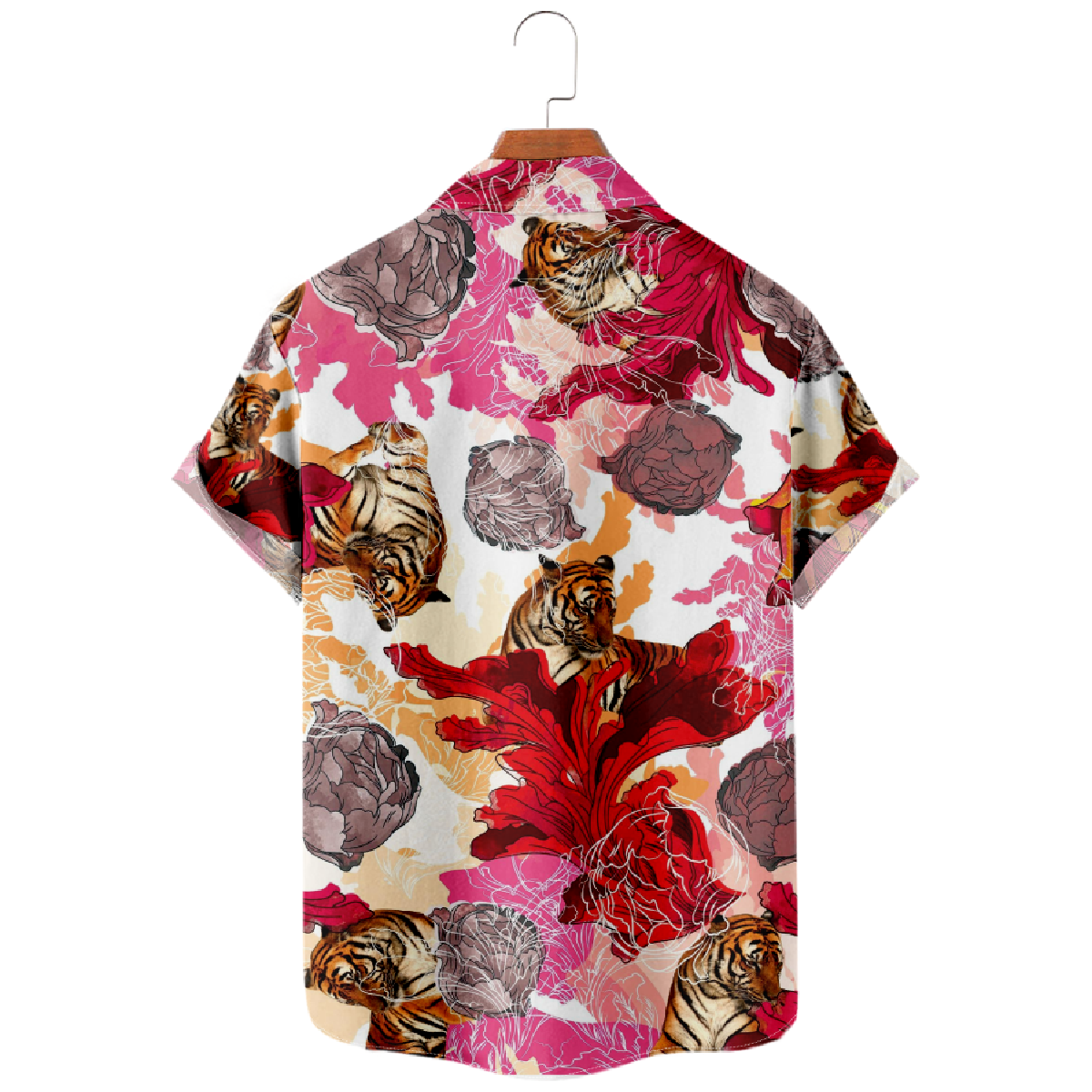 Tiger and Flower Graphic Print Button Up Shirt Men's Short Sleeve Shirt Casual Shirt