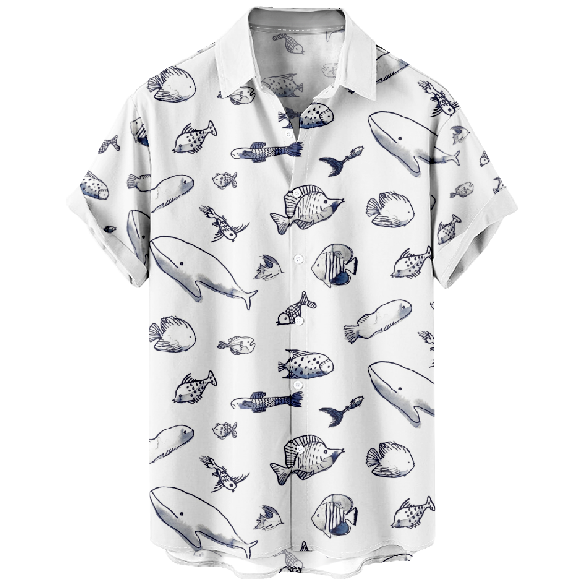 Mens Fish Drawing Print Short-Sleeve Shirt Button Up Casual Shirt