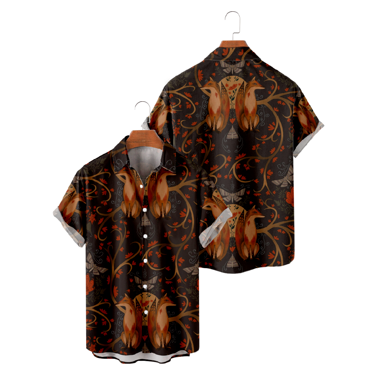 Cute Fox Print Button Up Shirt Mens Short Sleeve Shirt Regular Fit Straight Collar