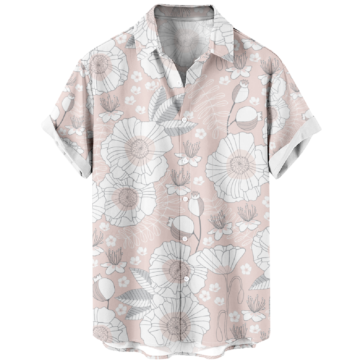 Men's Casual Floral Print Short Sleeve Shirt Pink Tops Button Shirt