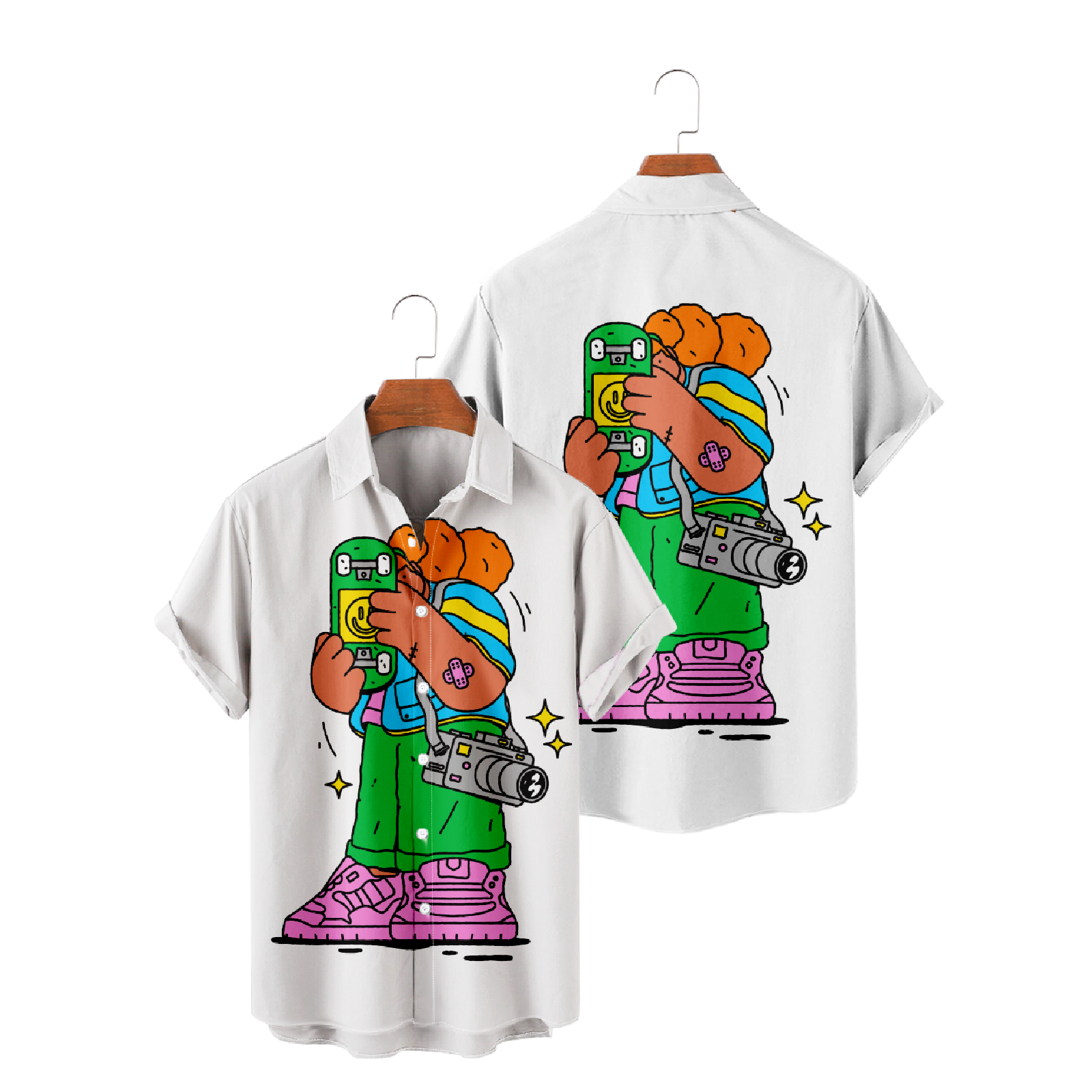 Allover Print Illustration Short Sleeve Shirt Men's Character Print Button Up Hawaiian Shirt