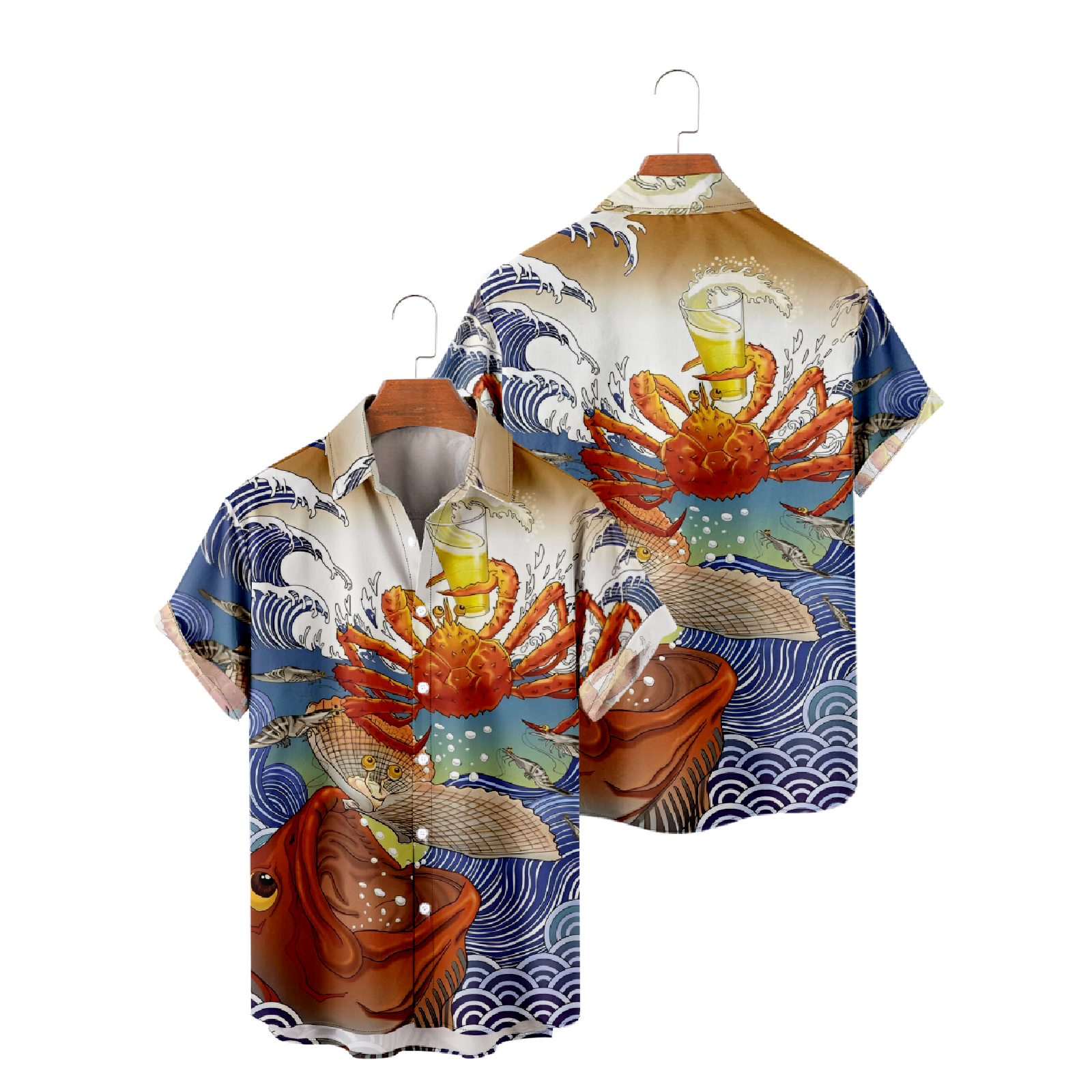 Crab and Beer Short Sleeve Shirt Men's Button Up Shirt Cute Ocean Animal Graphic Print