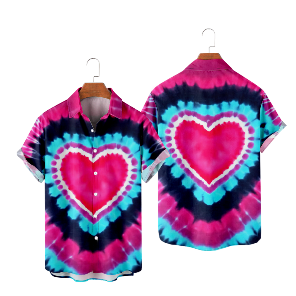 Tie Dye Button Up Shirt Men's Short Sleeves Heart Shape Straight Collar Hawaii Summer Shirt
