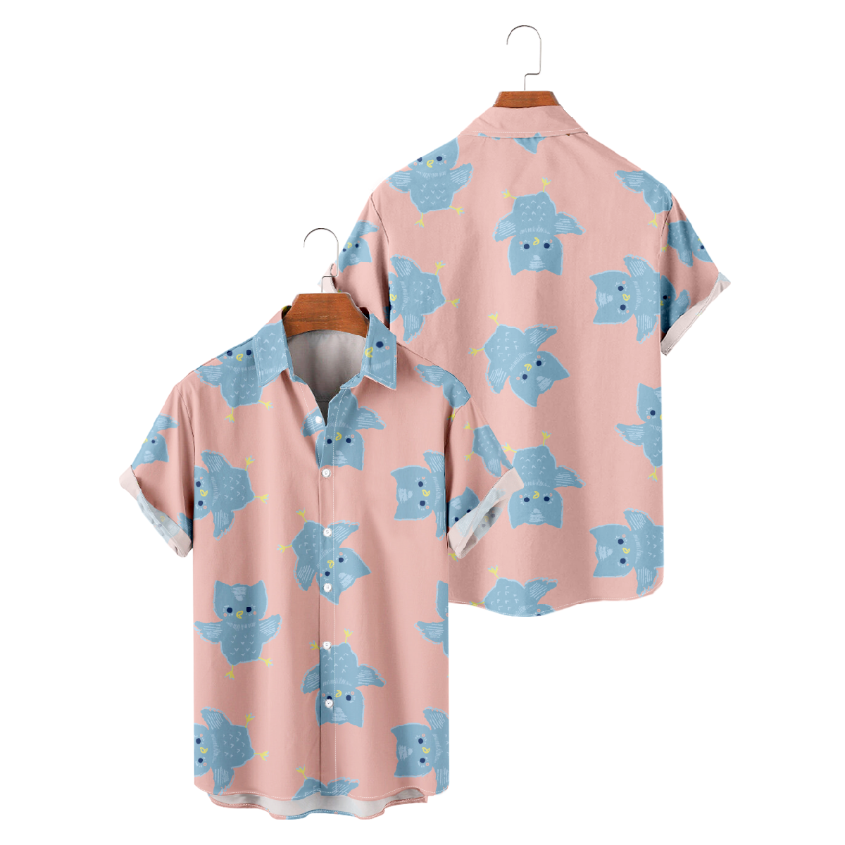 Cute Owl Graphic Print Short Sleeve Shirt Men's Pink Shirt Regular Fit Breathable Shirt