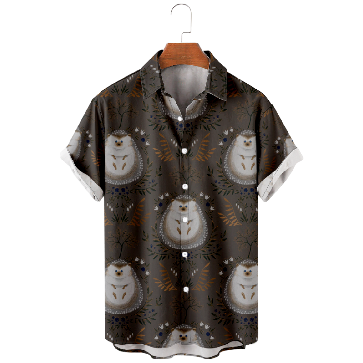 Cute Hedgehog Print Button Up Shirt Mens Short Sleeve Shirt Regular Fit Straight Collar