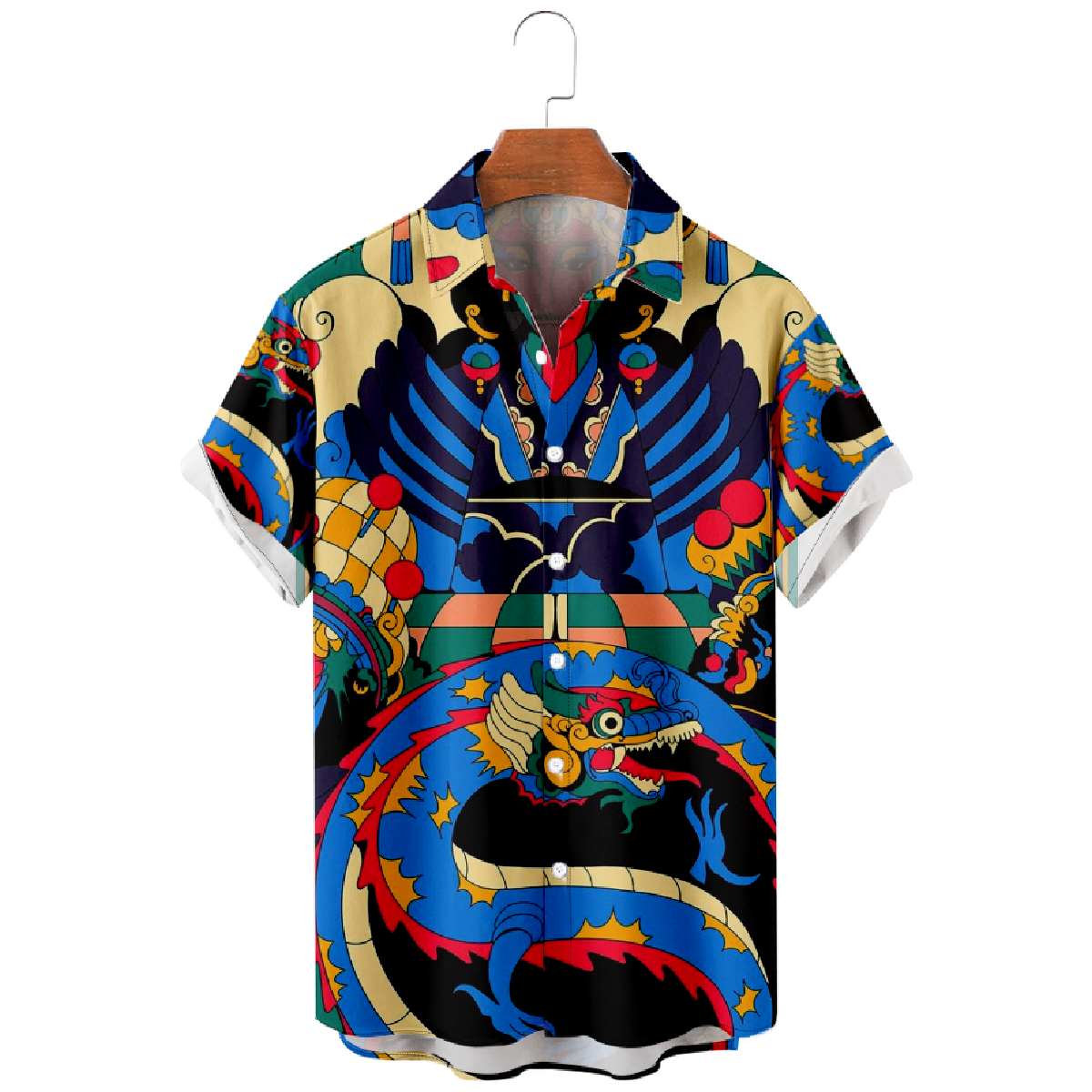 Dragon Ethnic Button Up Shirt Mens Short Sleeve Shirt Regular Fit Breathable