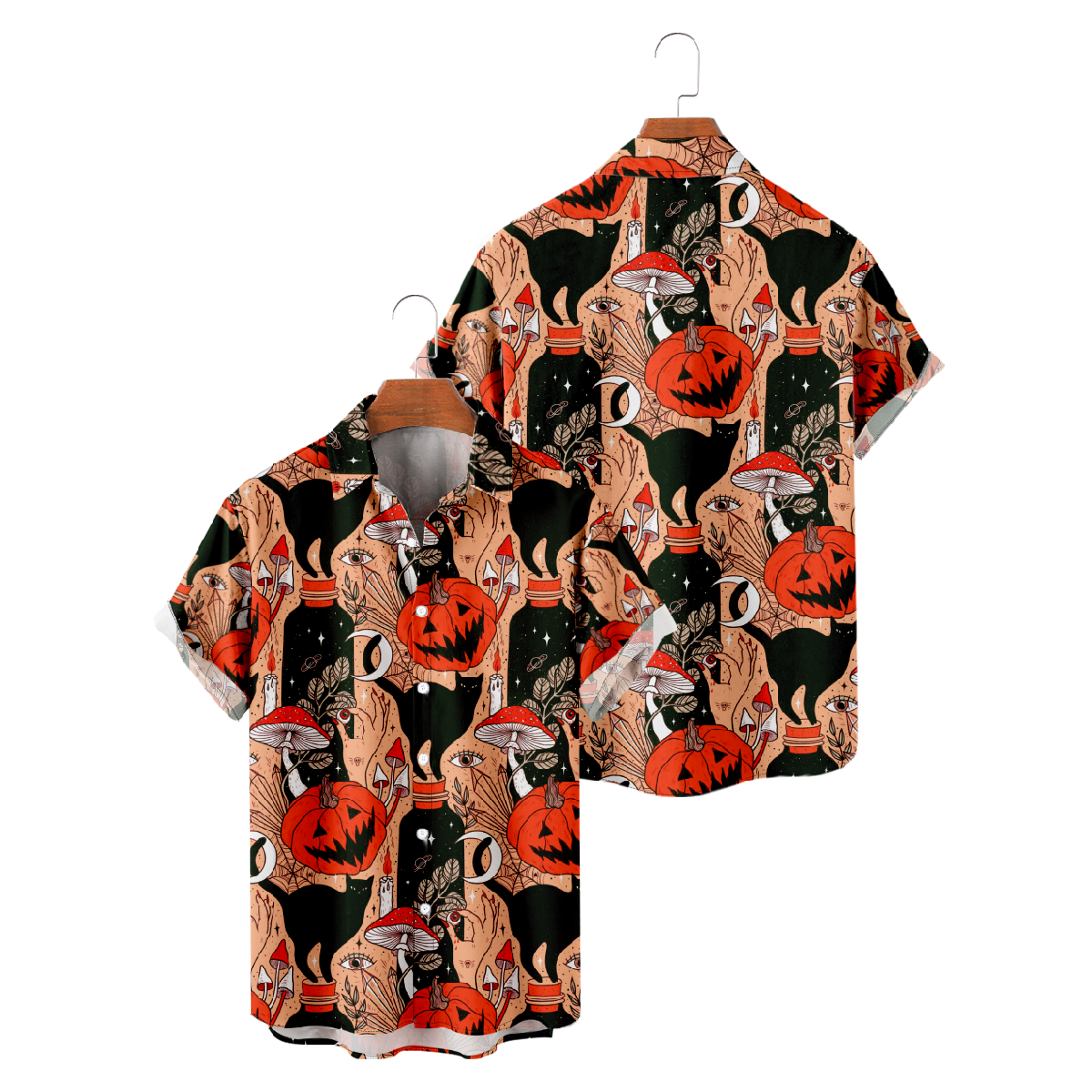 Halloween Pumpkin Print Mens Shirt Button Up Shirt Short Sleeve Regular Fit